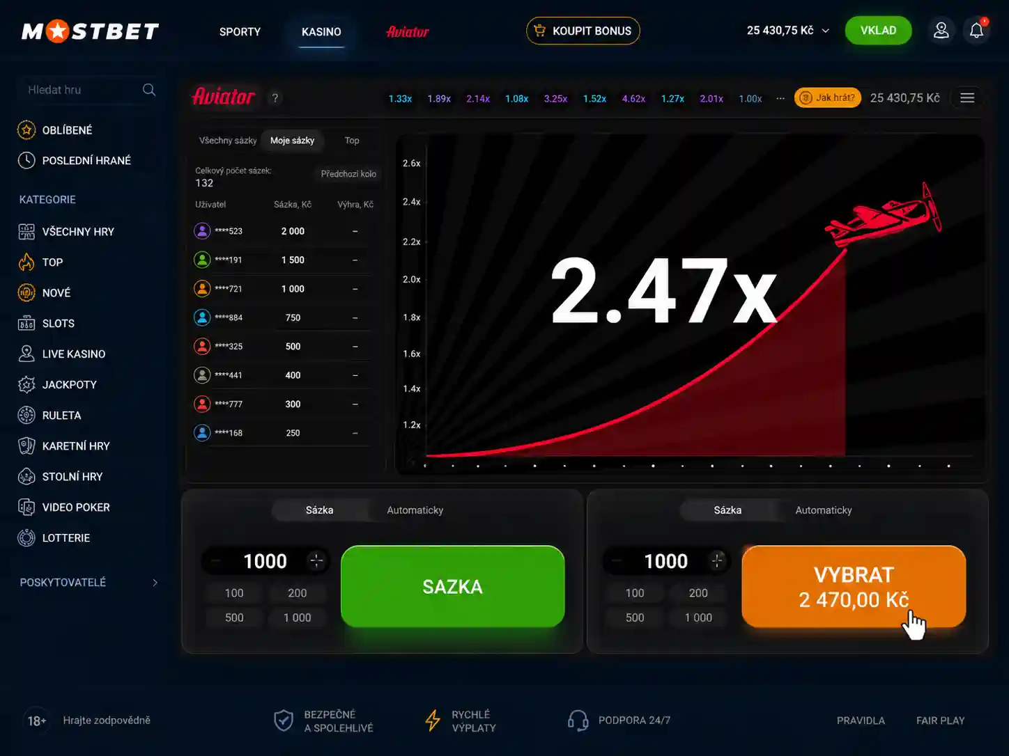 Moment stisknutí tlačítka cash out s aktuální hodnotou koeficientu před výběrem výhry