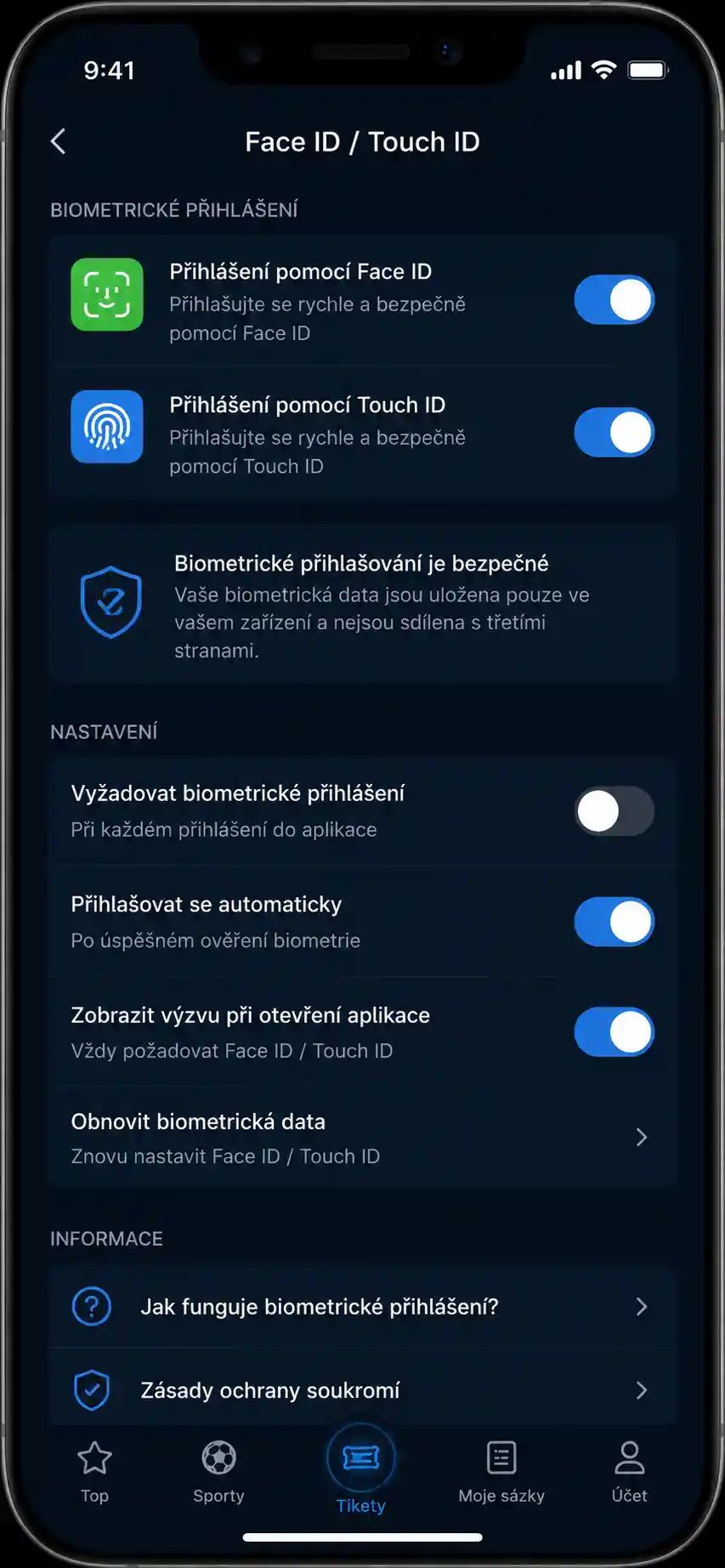Nastavení Face ID v aplikaci Mostbet na iPhonu