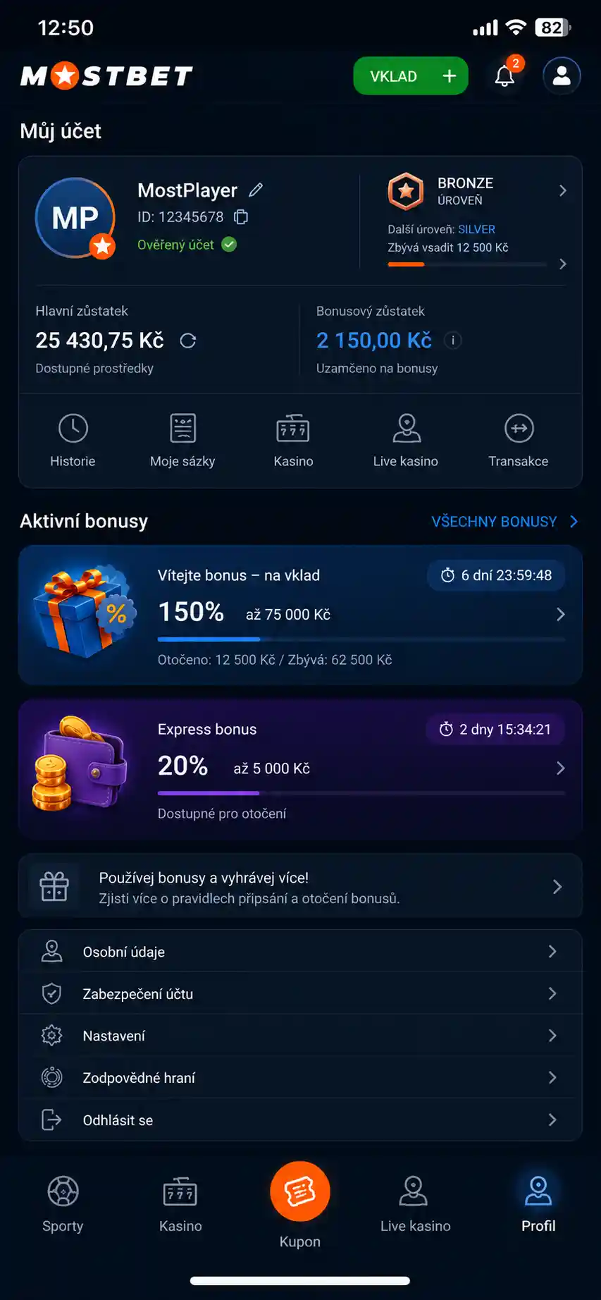 Profil hráče v iOS aplikaci se zobrazenými aktivními bonusy