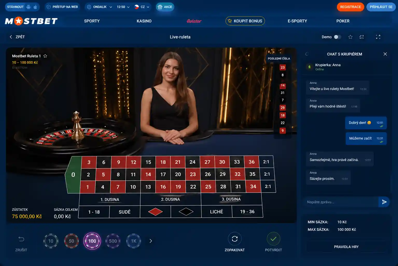 Stůl živé rulety s krupiérem