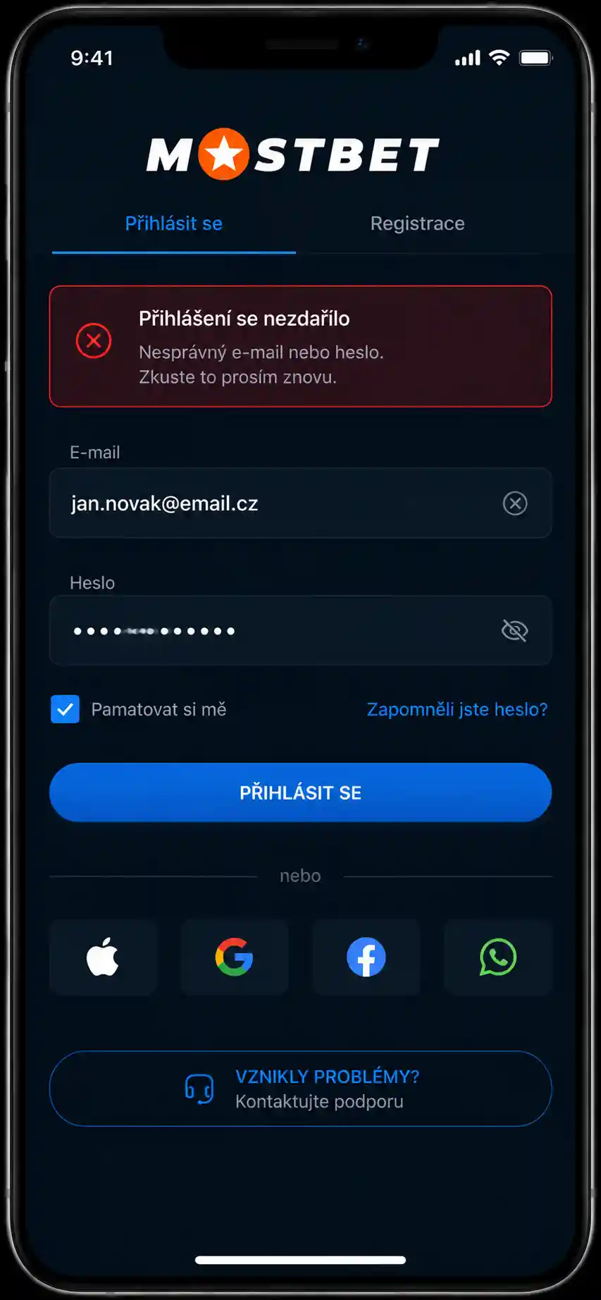 Chybová hláška při přihlášení do aplikace s možností obnovy hesla