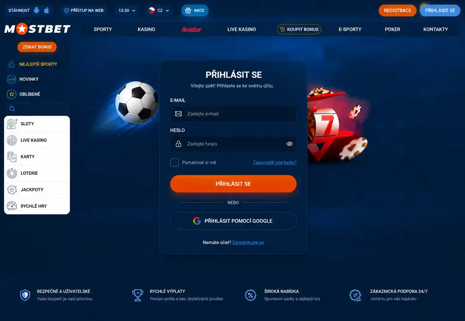 Formulář přihlášení Mostbet s poli email a heslo