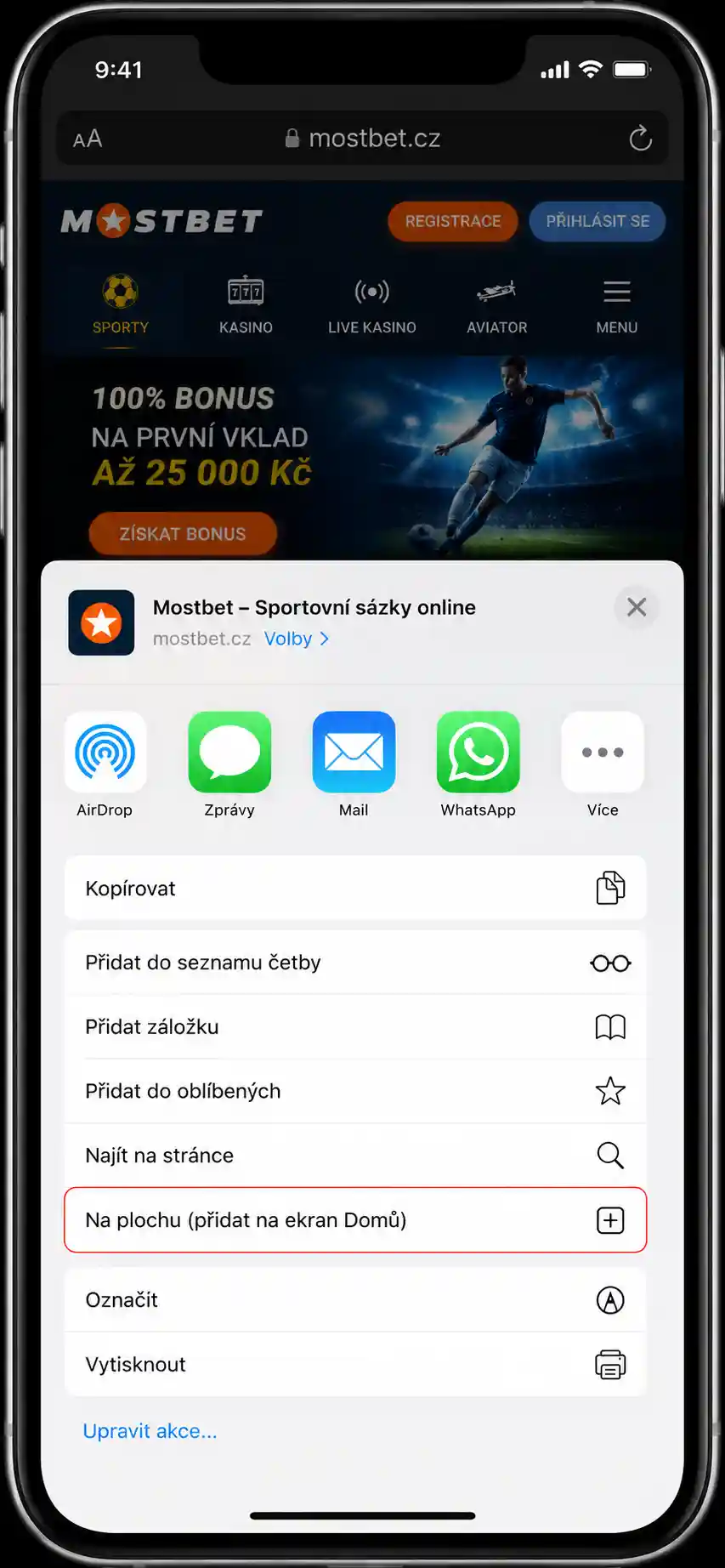 Postup přidání webové aplikace Mostbet na plochu iPhonu přes nabídku sdílení v Safari