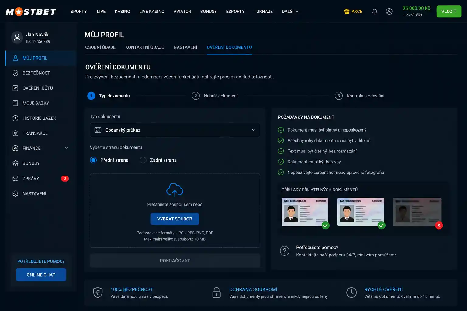 Formulář pro nahrání dokladu totožnosti v sekci Profil na Mostbet