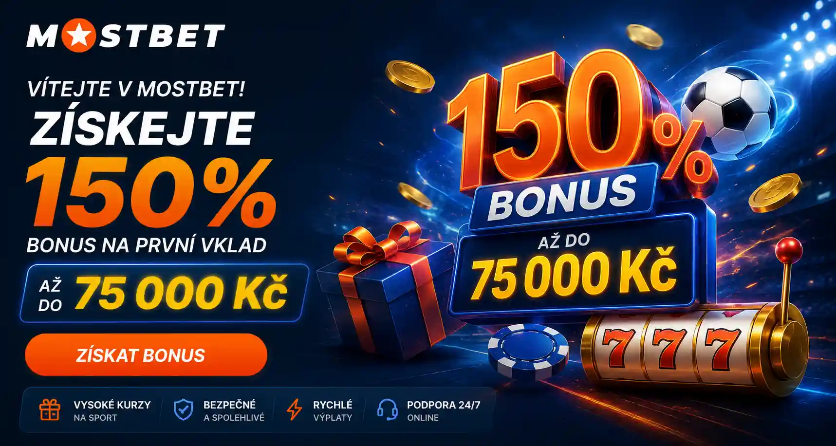 Banner uvítacího bonusu s procentem a částkou v Kč