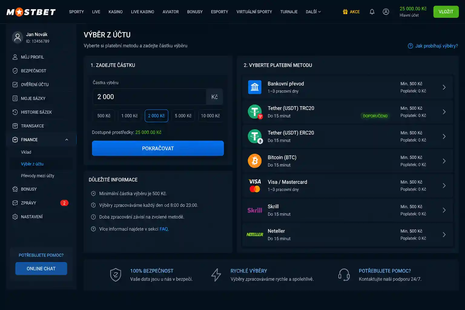 Sekce Výběr z účtu v osobním profilu Mostbet