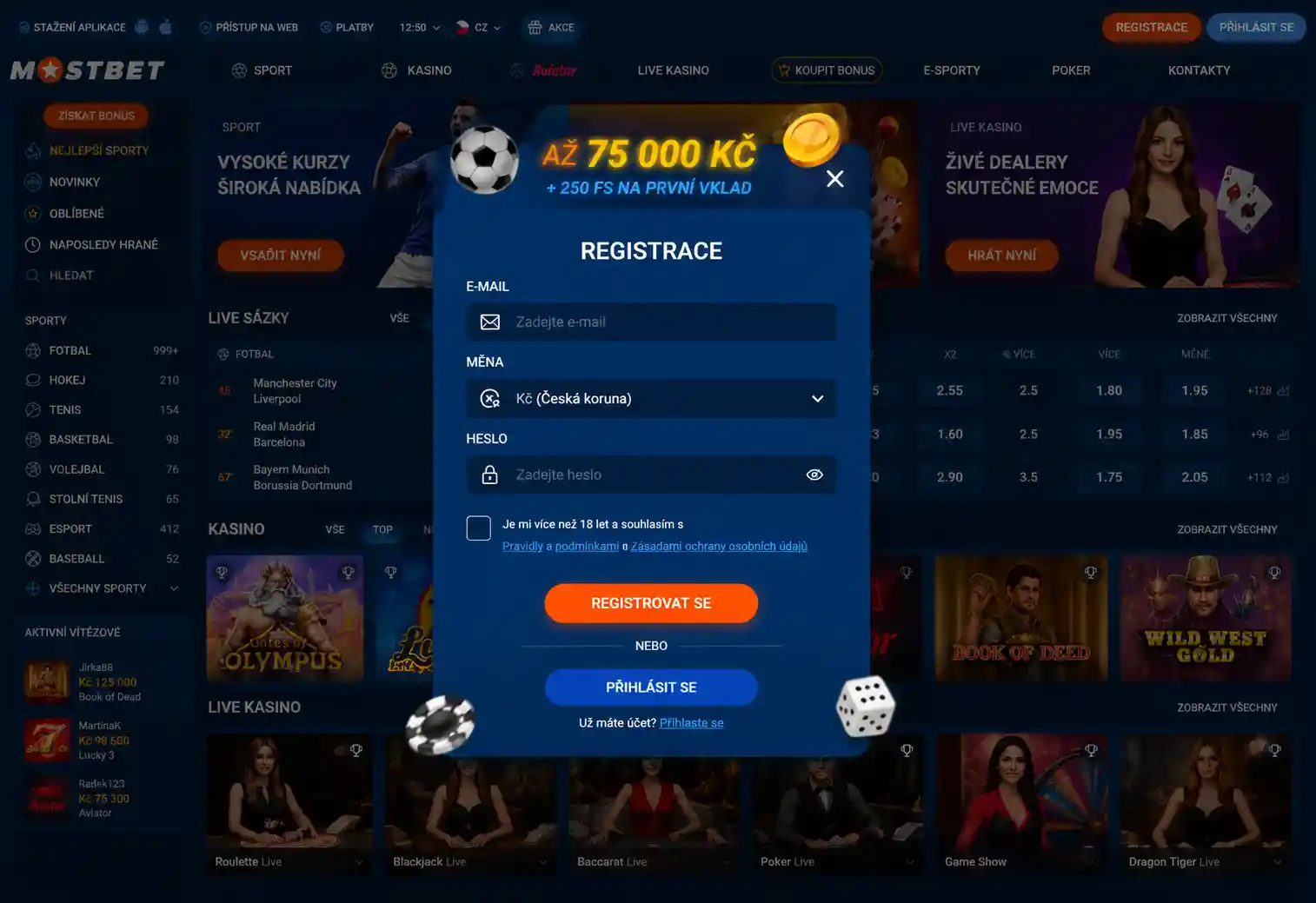Registrační formulář Mostbet s výběrem měny CZK